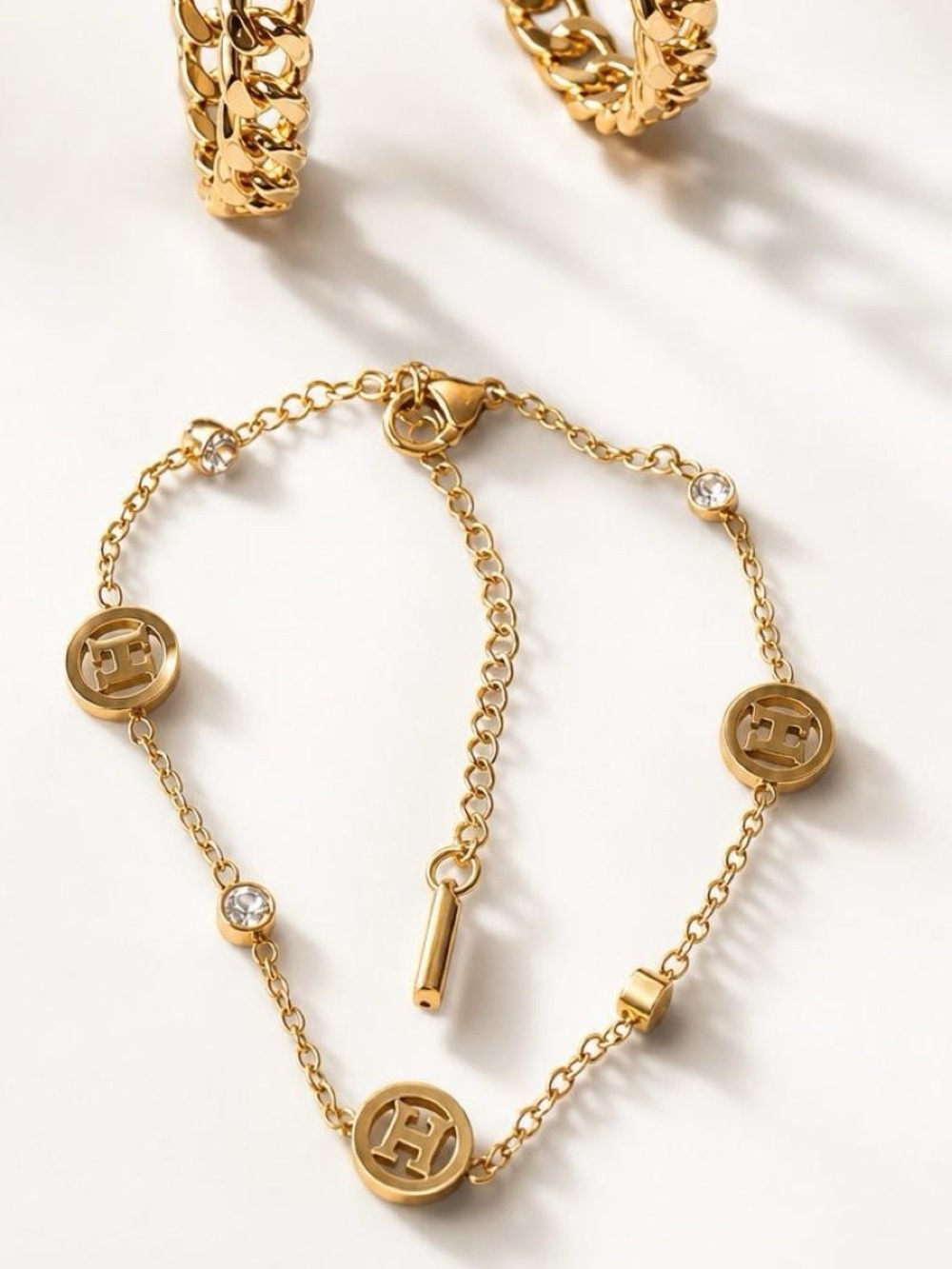 Fashion Jewelry Gold-Tone Chain Bracelet with Crystal Medallions with H Letter - Picture 5 of 7